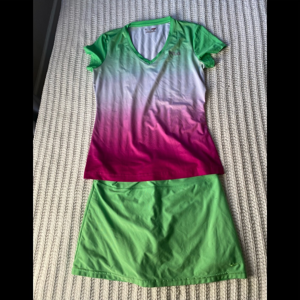 Fila tennis top and Nike tennis skirt.